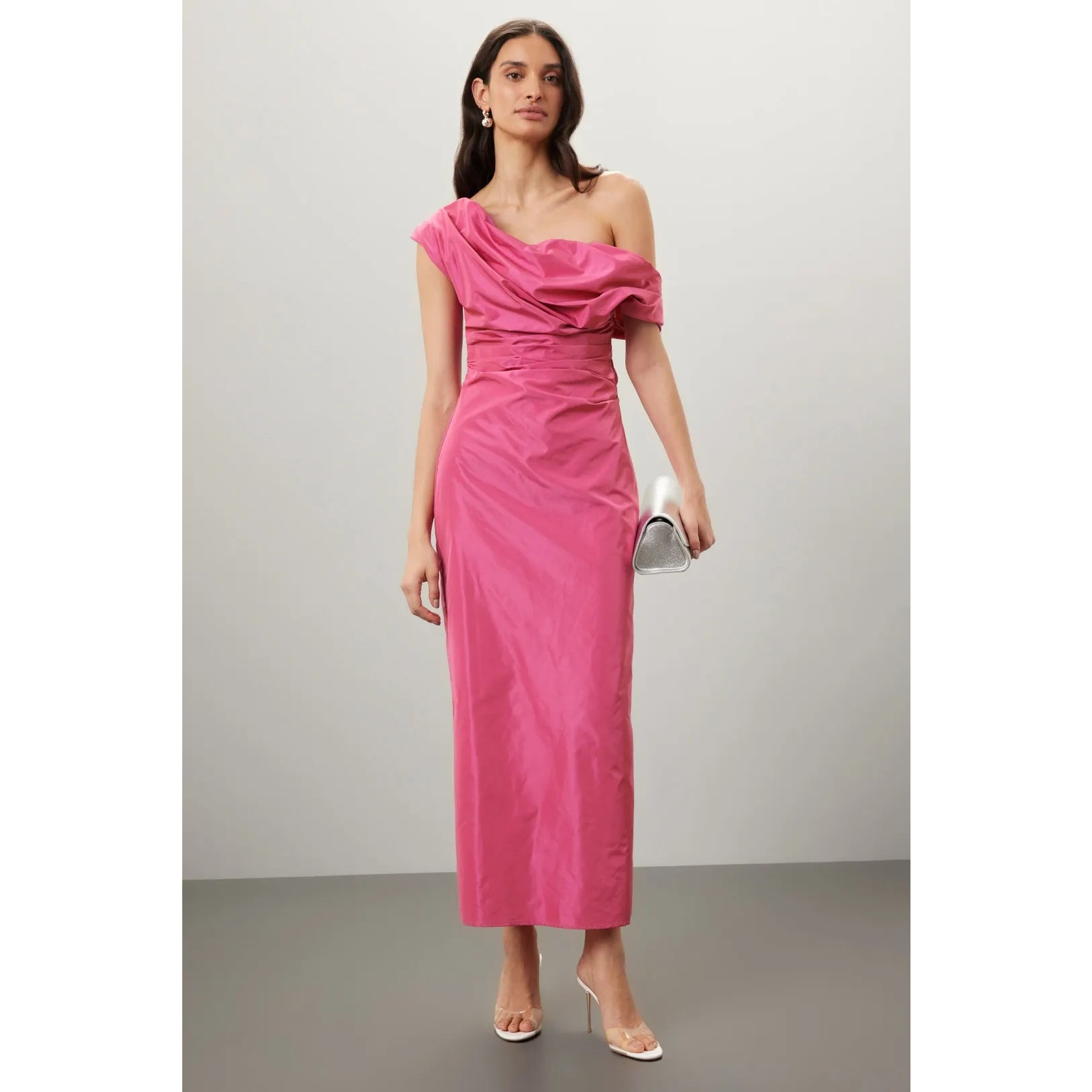 Staud Andrea Dress Ruched Off Shoulder Draped Maxi Sheath Cocktail Pink 10